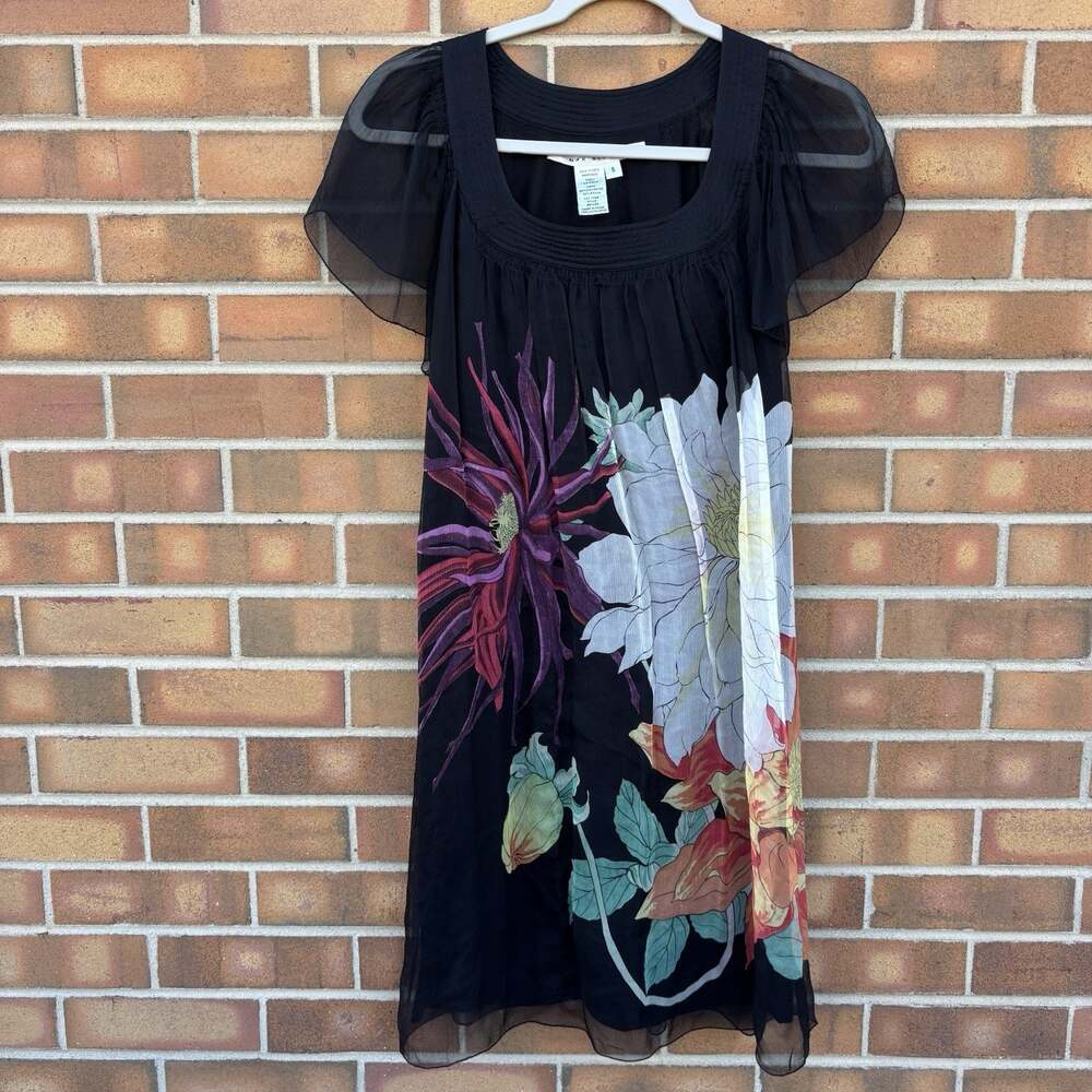 Max Studio Size Small Silk Black Floral Flutter Sleeves Lined Casual Mini